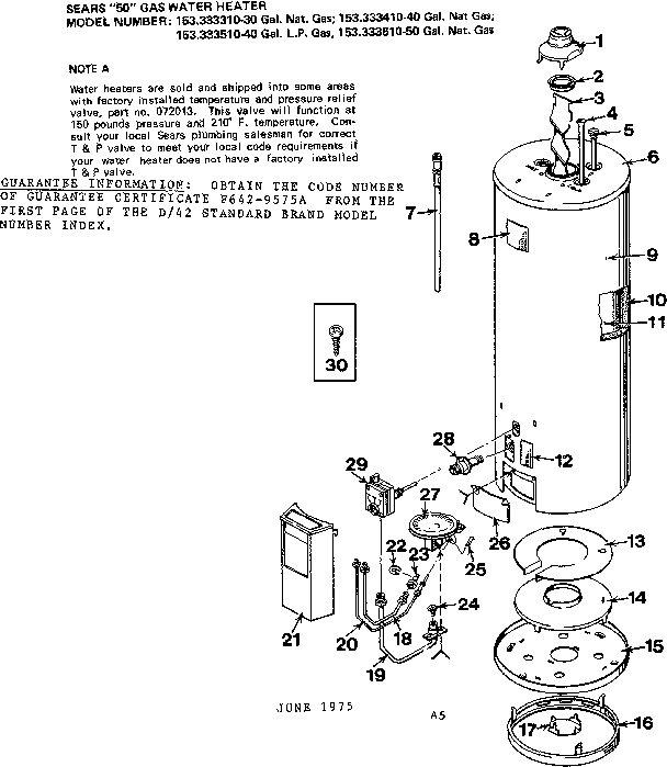 Replacement Parts Diagram and Parts List for 153333410  Kenmore Water Heater