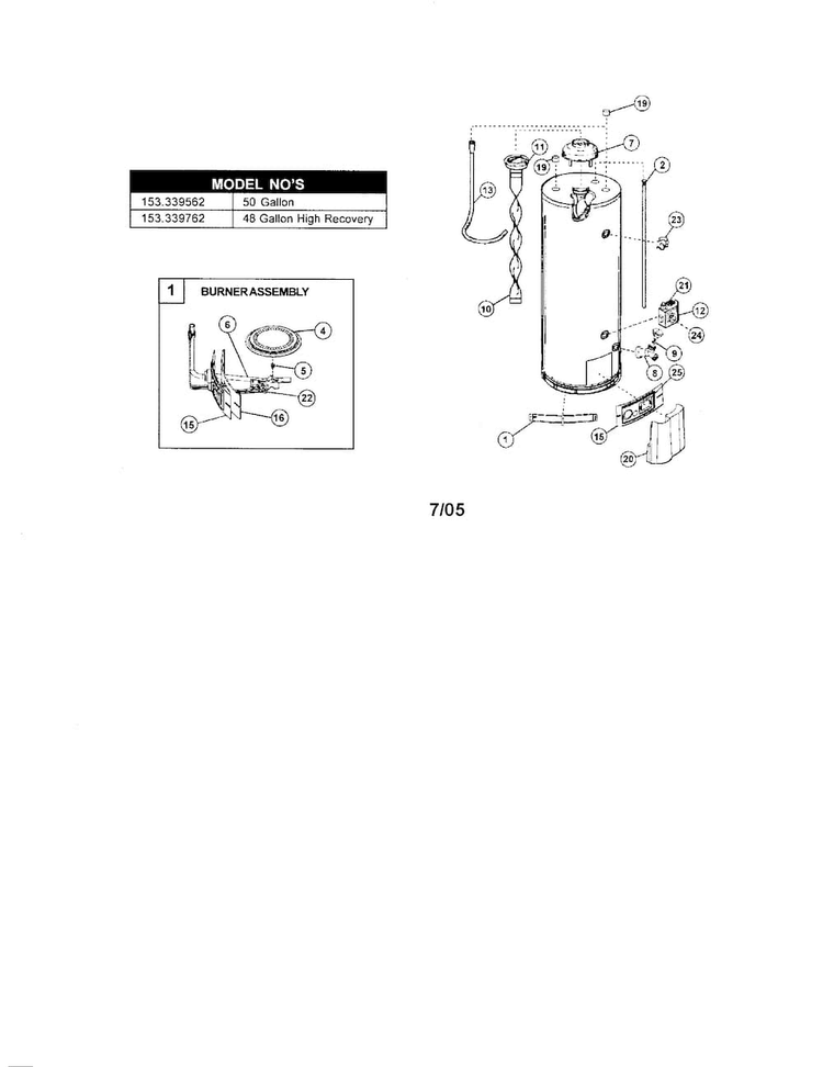 Water Heater Diagram and Parts List for 153339620  Kenmore Water Heater