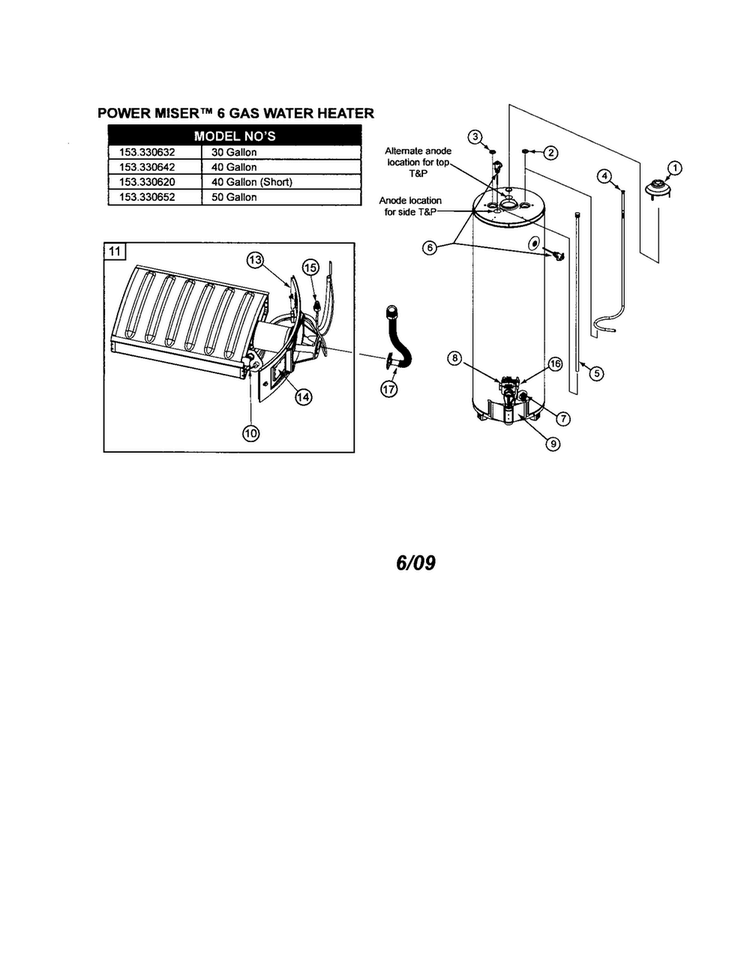 Water Heater-40 Gallon Diagram and Parts List for 153330620  Kenmore Water Heater