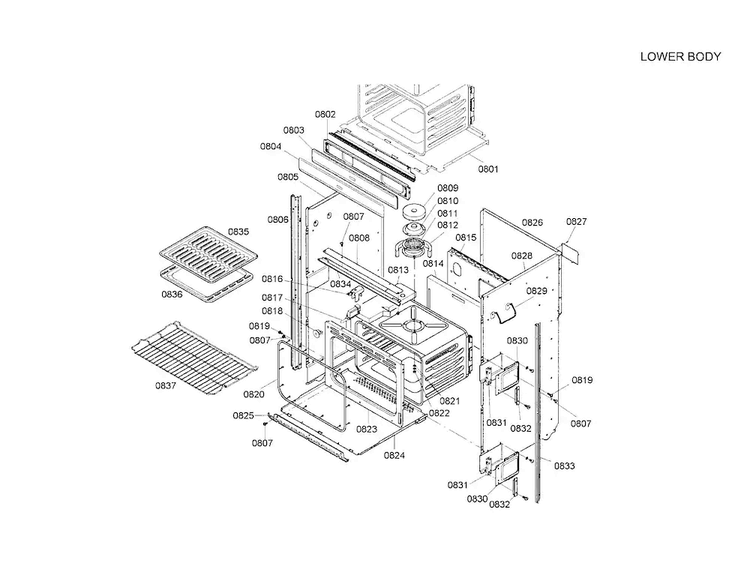 Lower Body Diagram and Parts List for HBL5055AUC 01 Bosch Wall Oven