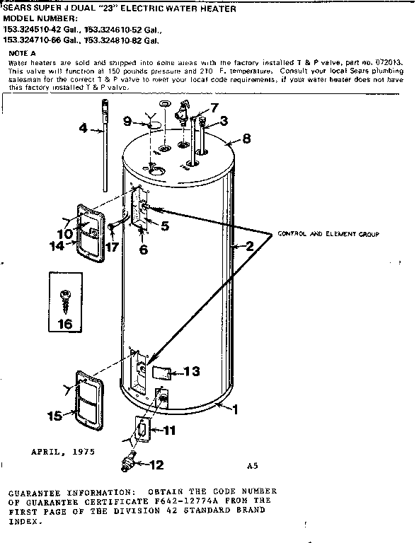 Non-functional Replacement Parts Diagram and Parts List for 153324510  Kenmore Water Heater