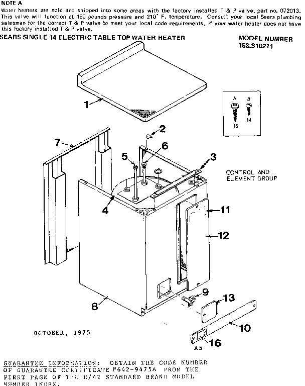 Non-functional Replacement Parts Diagram and Parts List for 153310211  Kenmore Water Heater