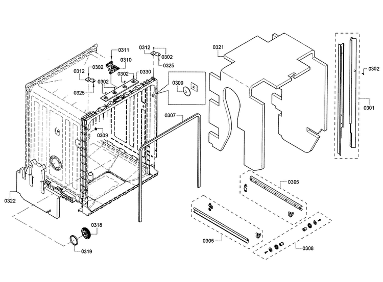 Frame & Cavity Diagram and Parts List for SHX3AR55UC 12 Bosch Dishwasher
