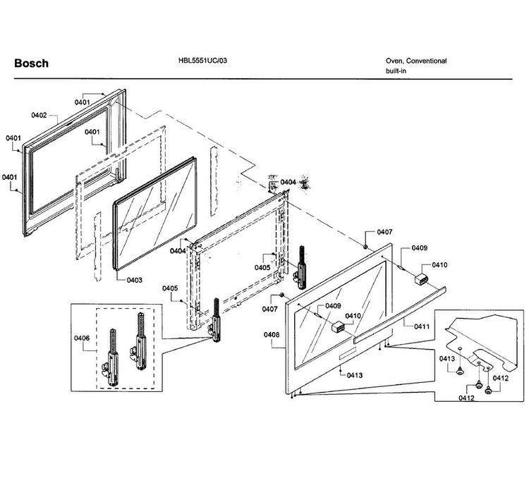 Door Diagram and Parts List for HBL5551UC 03 Bosch Wall Oven