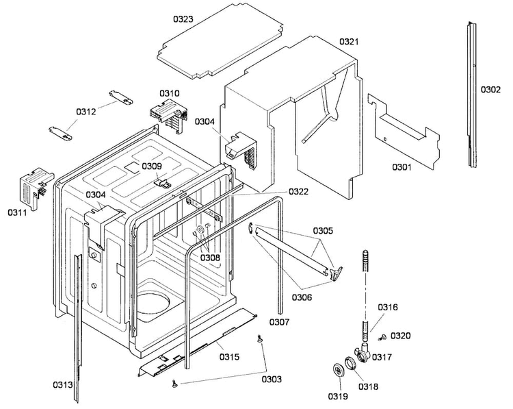 Cabinet Diagram and Parts List for SHV65P03UC 53 Bosch Dishwasher
