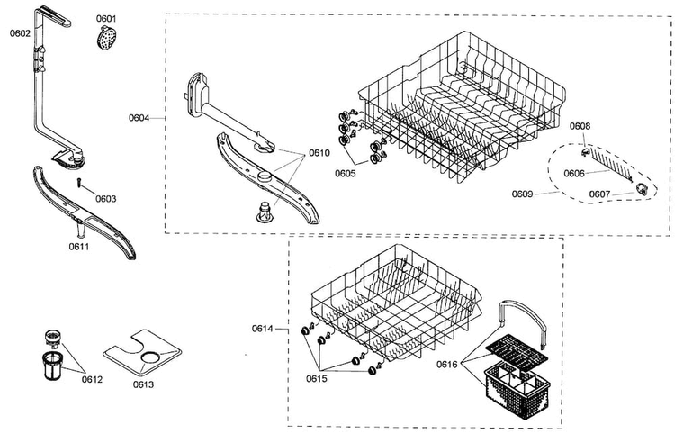 Baskets Diagram and Parts List for SHE42L16UC 37 Bosch Dishwasher
