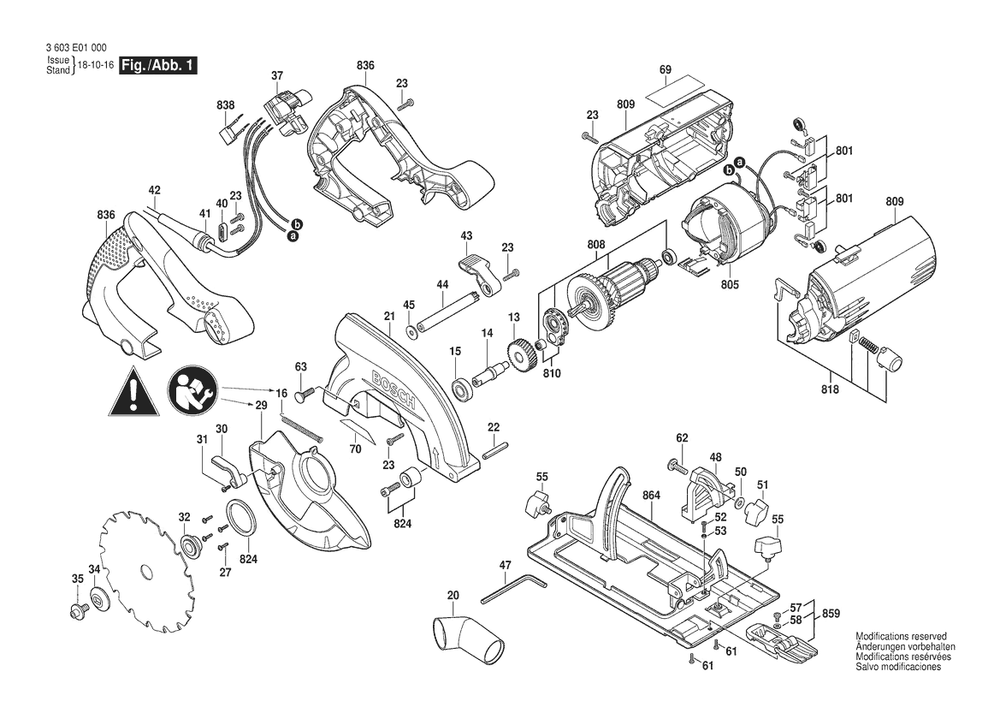 Section 1 Diagram and Parts List for PKS55-2A 3603E01001 Bosch Circular Saw