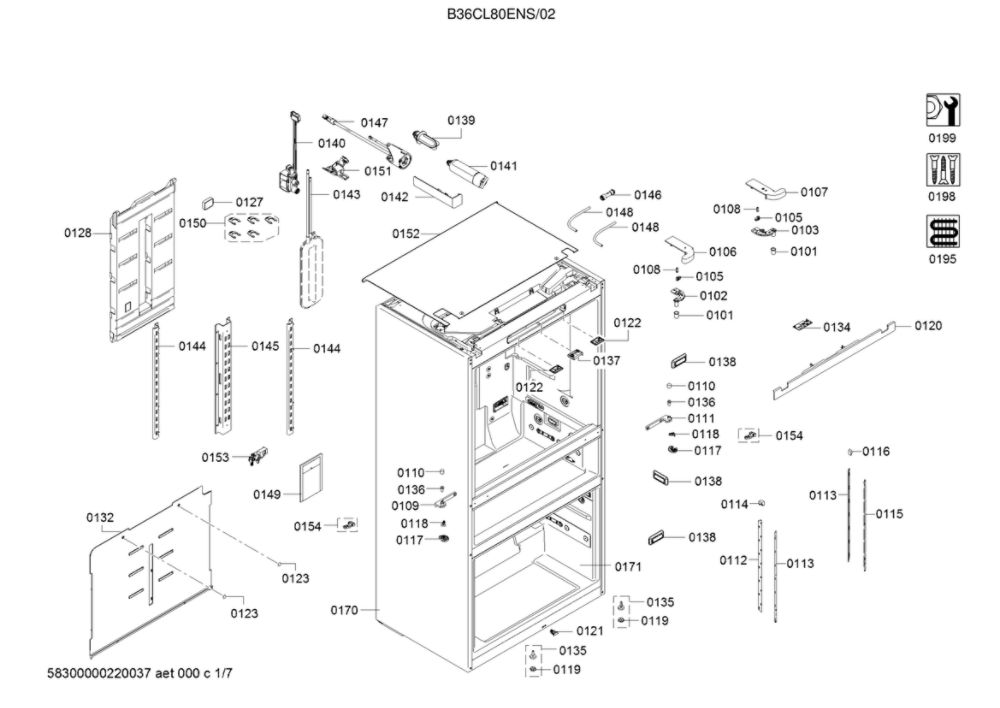 Cabinet Parts Diagram and Parts List for B36CL80ENS 02 Bosch Refrigerator