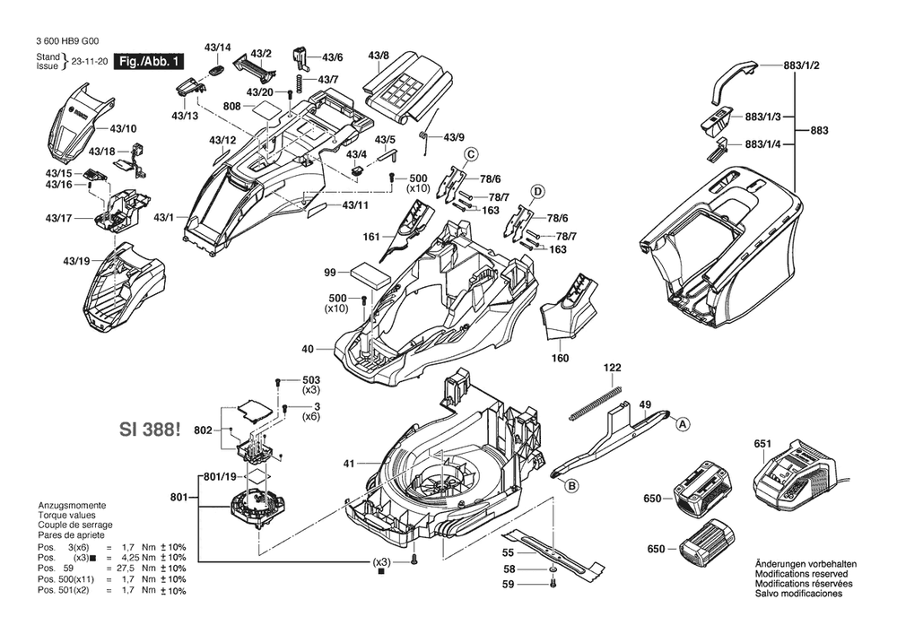 Section 1 Diagram and Parts List for 3600HB9G00  Bosch Lawn Mower