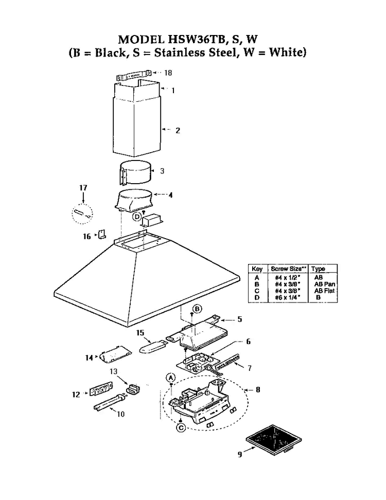 Range Hood Diagram and Parts List for HSW  Thermador Range Hood