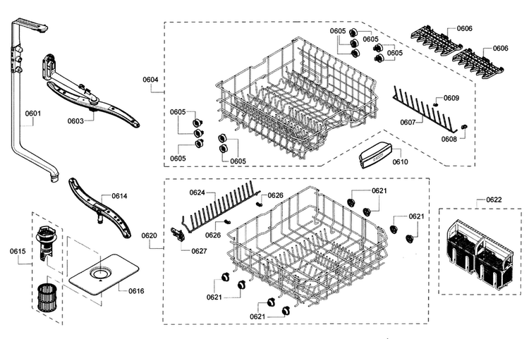 Rack Diagram and Parts List for SHE3ARF5UC 12 Bosch Dishwasher