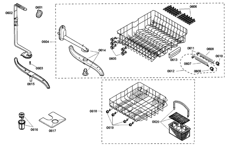 Racks Assy Diagram and Parts List for SHE45C05UC 40 Bosch Dishwasher