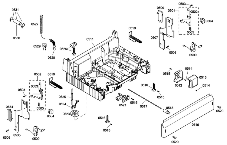 Base Assy Diagram and Parts List for SHE43C02UC 37 Bosch Dishwasher
