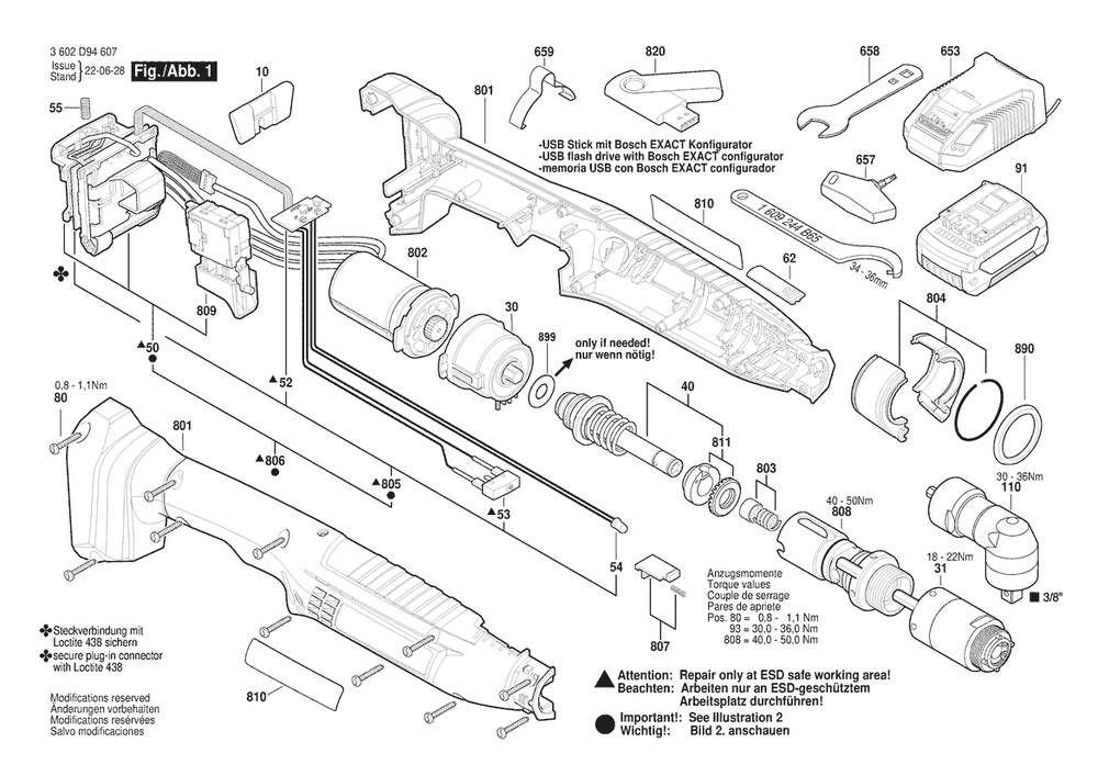 Section 1 Diagram and Parts List for 3602D94617  Bosch Screwdriver