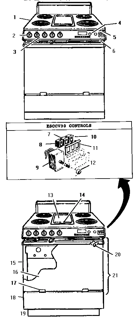 Range Diagram and Parts List for ESC30WH  Thermador Range