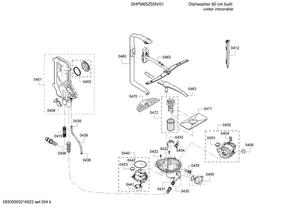 Water Inlet/Heat Pump/Water Switch Diagram and Parts List for SHPM65Z55N 01 Bosch Dishwasher