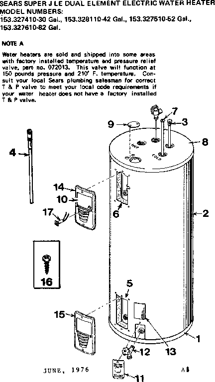 Non-functional Replacement Parts Diagram and Parts List for 153327610  Kenmore Water Heater
