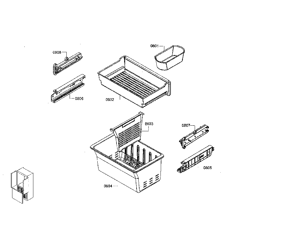 Drawer/ice bin/container Diagram and Parts List for B26FT50SNS 01 Bosch Refrigerator
