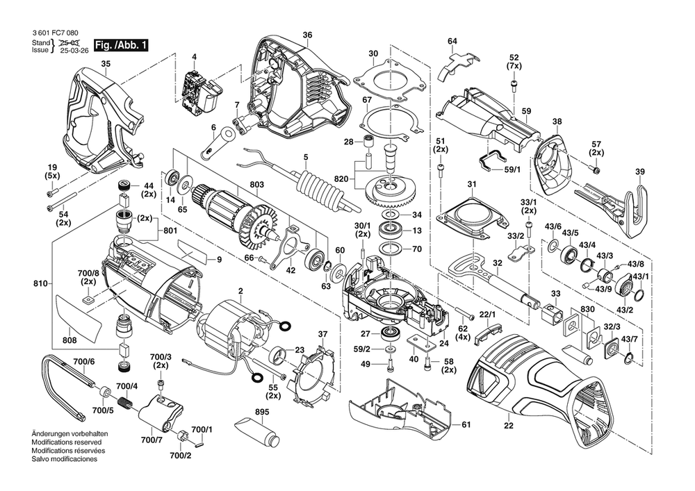 Section 1 Diagram and Parts List for GSA12-30 3601FC70K0 Bosch Reciprocating Saw