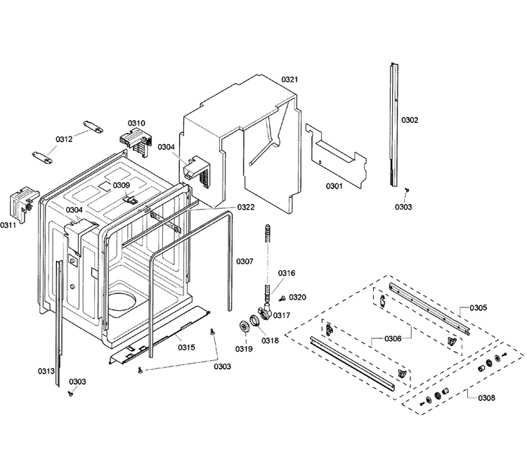 Cabinet Diagram and Parts List for SHX65P06UC 58 Bosch Dishwasher