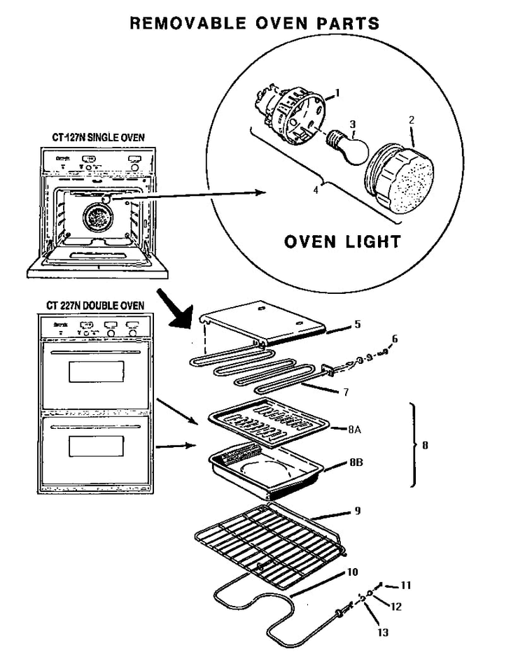 Removable Oven Parts Diagram and Parts List for CT127N  Thermador Wall Oven