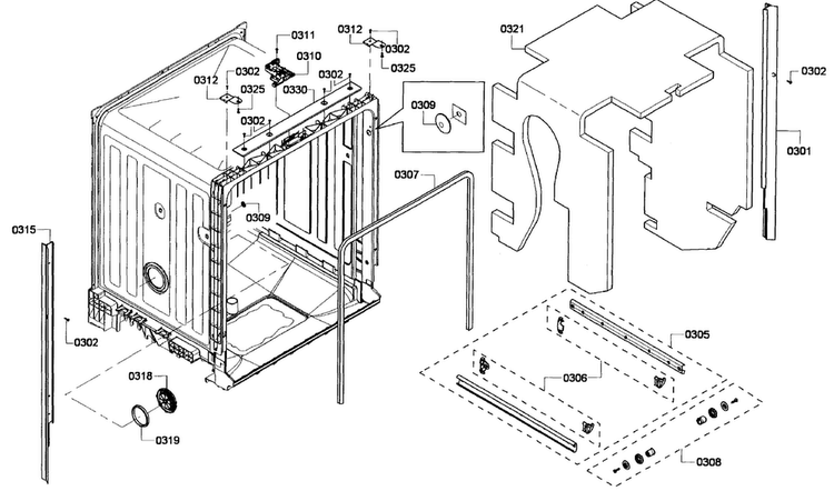 Cabinet Diagram and Parts List for SHE6AP02UC 03 Bosch Dishwasher