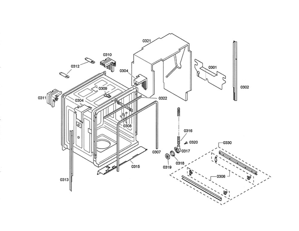 Tub Diagram and Parts List for SHX45P05UC 57 Bosch Dishwasher