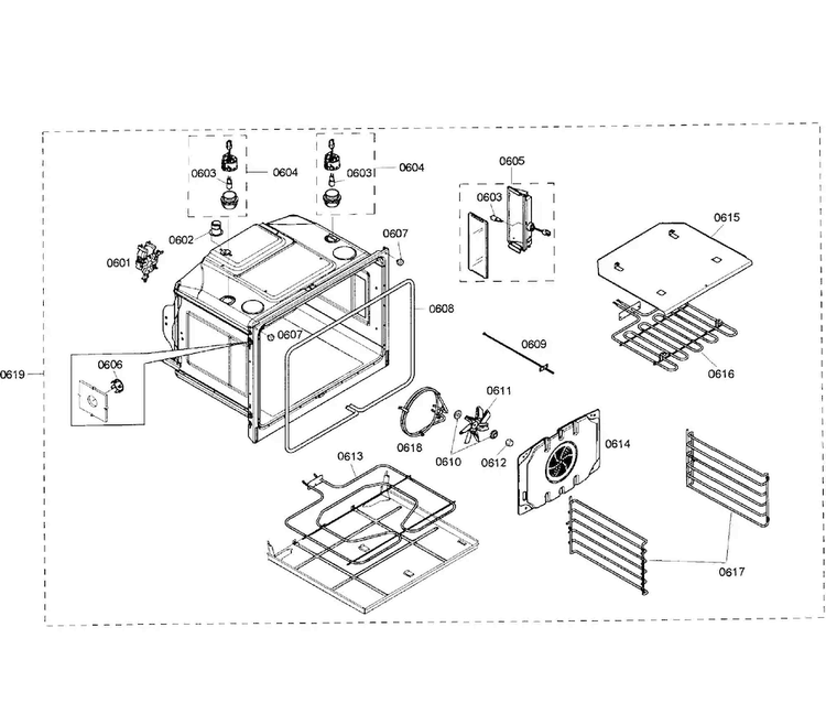 Lower Oven Assy Diagram and Parts List for HBL8650UC 01 Bosch Wall Oven