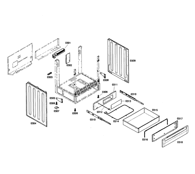 Frame & Drawer Diagram and Parts List for HEI7132U 02 Bosch Range
