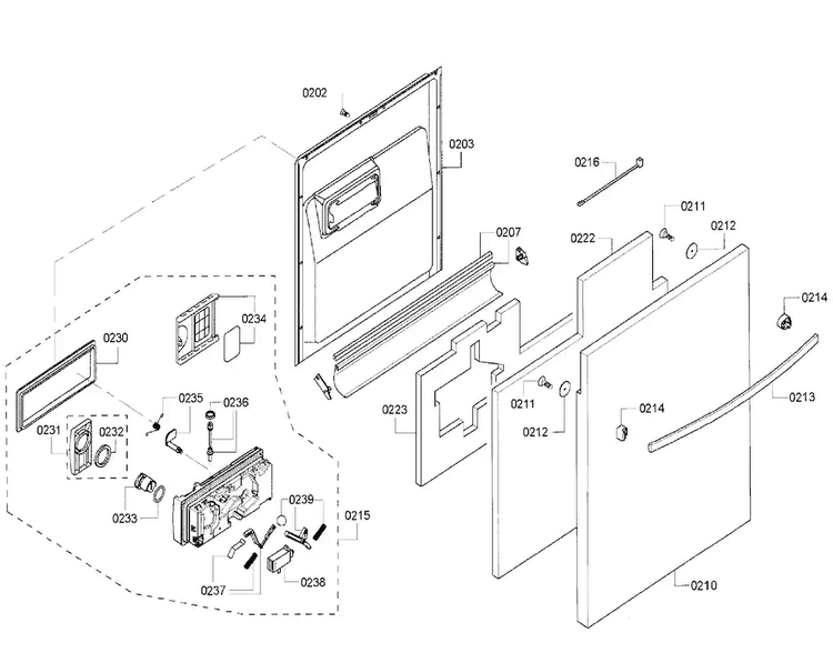 Door Diagram and Parts List for SHX33RF5UC 64 Bosch Dishwasher