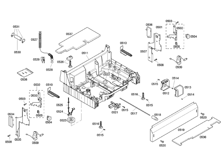Base Assy Diagram and Parts List for SHE45M06UC 46 Bosch Dishwasher