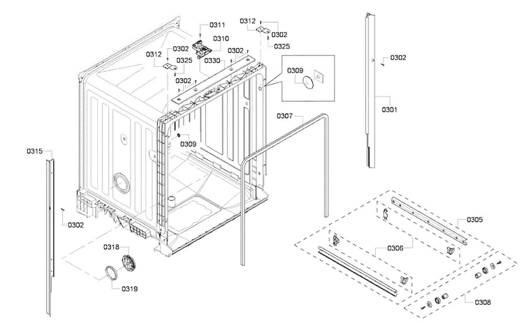 Cabinet Diagram and Parts List for SHE4AP02UC 03 Bosch Dishwasher