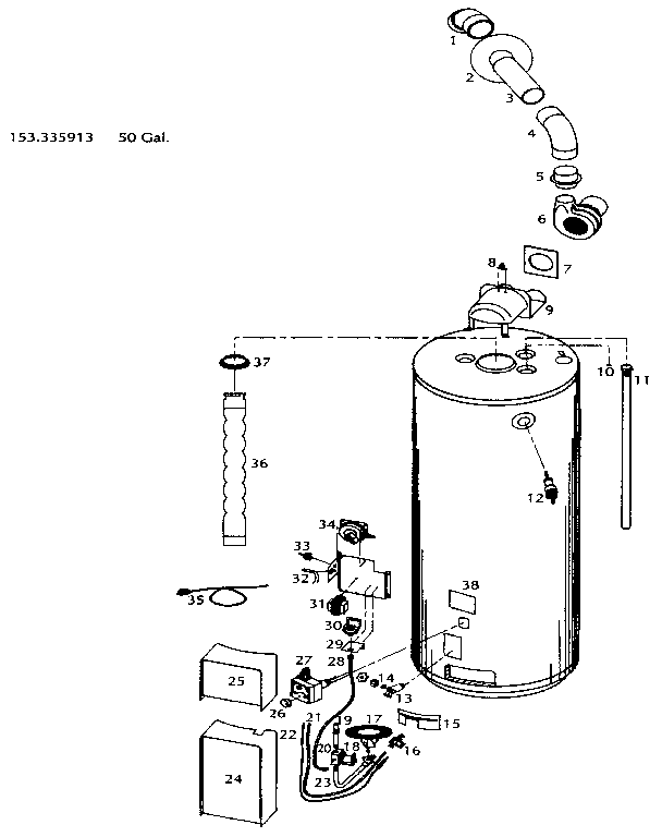 Replacement Parts Diagram and Parts List for 153335913  Kenmore Water Heater