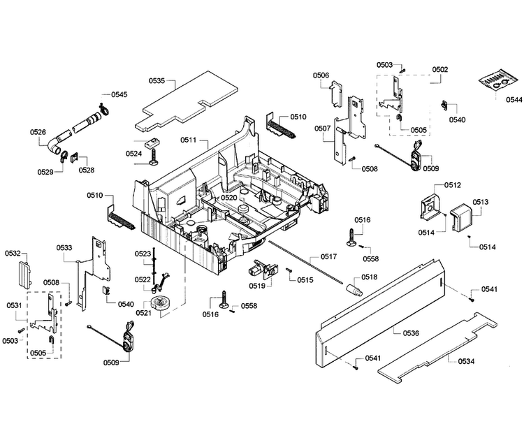 Base Assy Diagram and Parts List for DWHD410HFM 64 Thermador Dishwasher