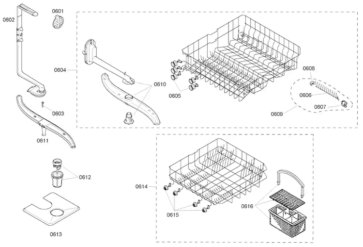 Baskets Diagram and Parts List for SHE43C06UC 40 Bosch Dishwasher
