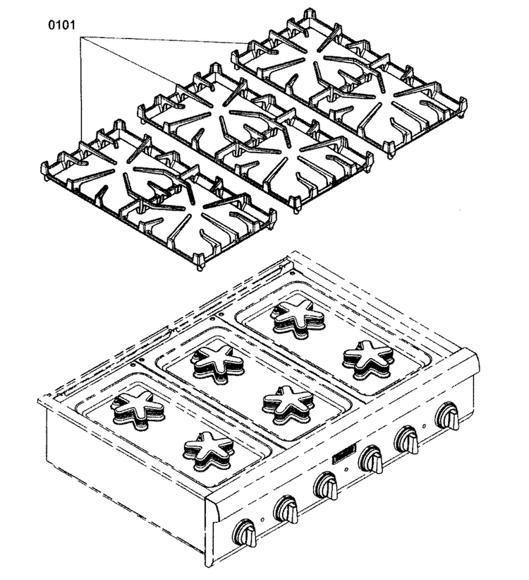 Outside View Diagram and Parts List for PCG366E01  Thermador Cooktop