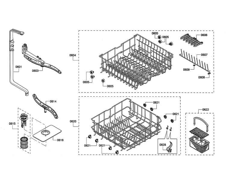 Racks/spray Arm Diagram and Parts List for SHX4AP06UC 02 Bosch Dishwasher