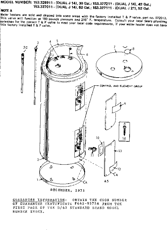 Non-functional Replacement Parts Diagram and Parts List for 153327011  Kenmore Water Heater