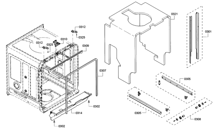 Frame Diagram and Parts List for SHE53T56UC 07 Bosch Dishwasher