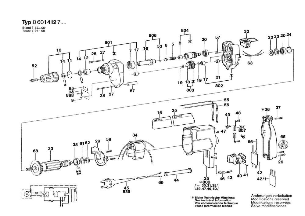 Section 1 Diagram and Parts List for 14127 0601412734 Bosch Screwdriver