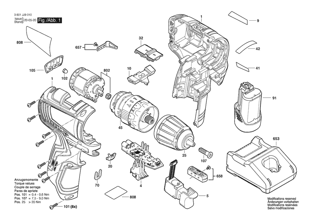 Section 1 Diagram and Parts List for GSB12V-35 3601JJ9010 Bosch Impact Driver