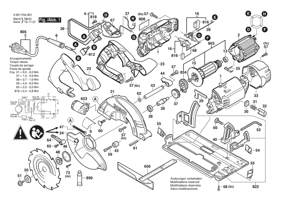 Section 1 Diagram and Parts List for GKS55CE 3601F64801 Bosch Circular Saw