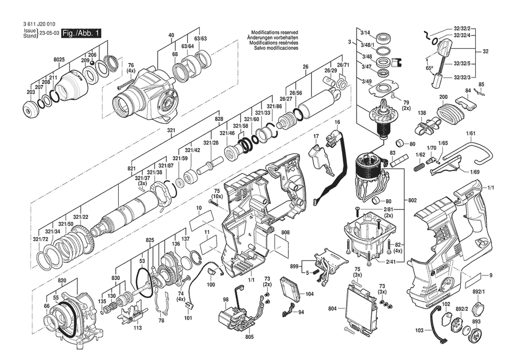 Section 1 Diagram and Parts List for 3611J20010  Bosch Hammer Drill