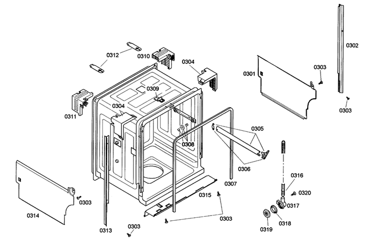 Cabinet Diagram and Parts List for SHE42L16UC 40 Bosch Dishwasher