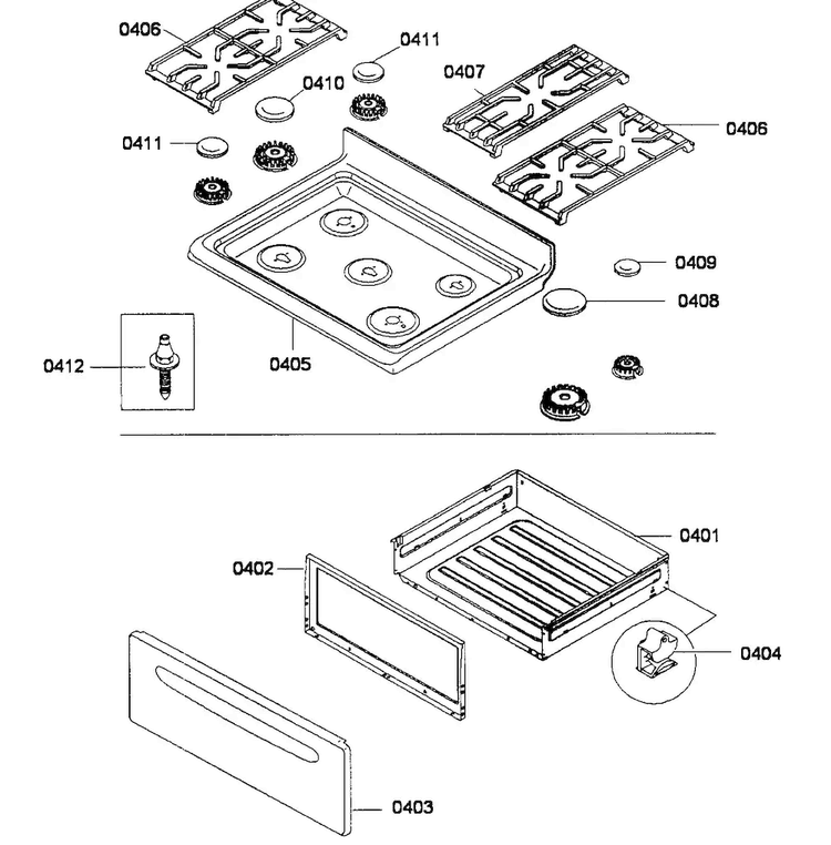 Top/drawer Diagram and Parts List for HGS3023UC 01 Bosch Range