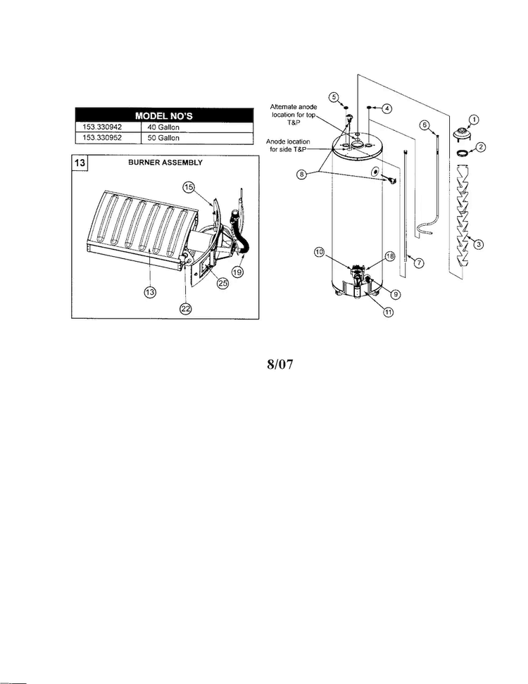 Gas Water Heater Diagram and Parts List for 153330952  Kenmore Water Heater