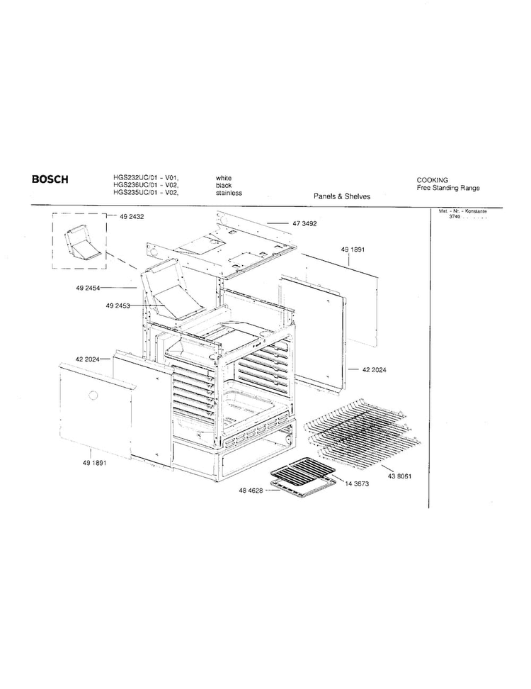 Panels And Shelves Diagram and Parts List for HGS235UC 01 Bosch Range