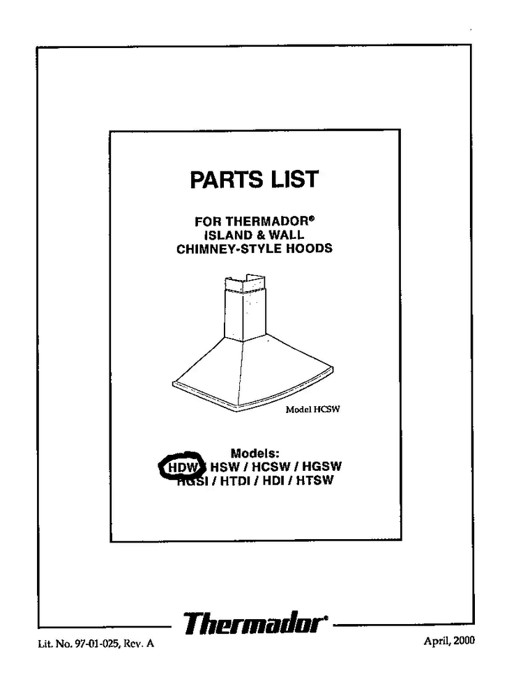 Cover Diagram and Parts List for HDW  Thermador Range Hood