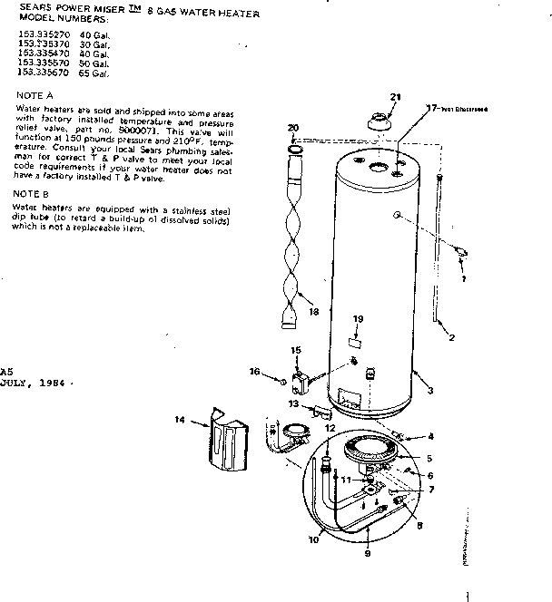 Replacement Parts Diagram and Parts List for 153335470  Kenmore Water Heater