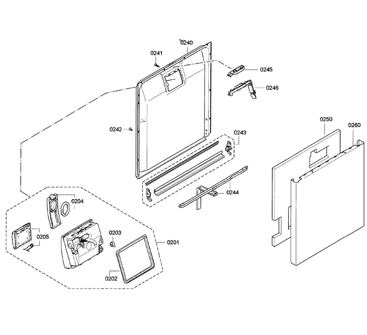 Door Assy Diagram and Parts List for SGE63E05UC 28 Bosch Dishwasher
